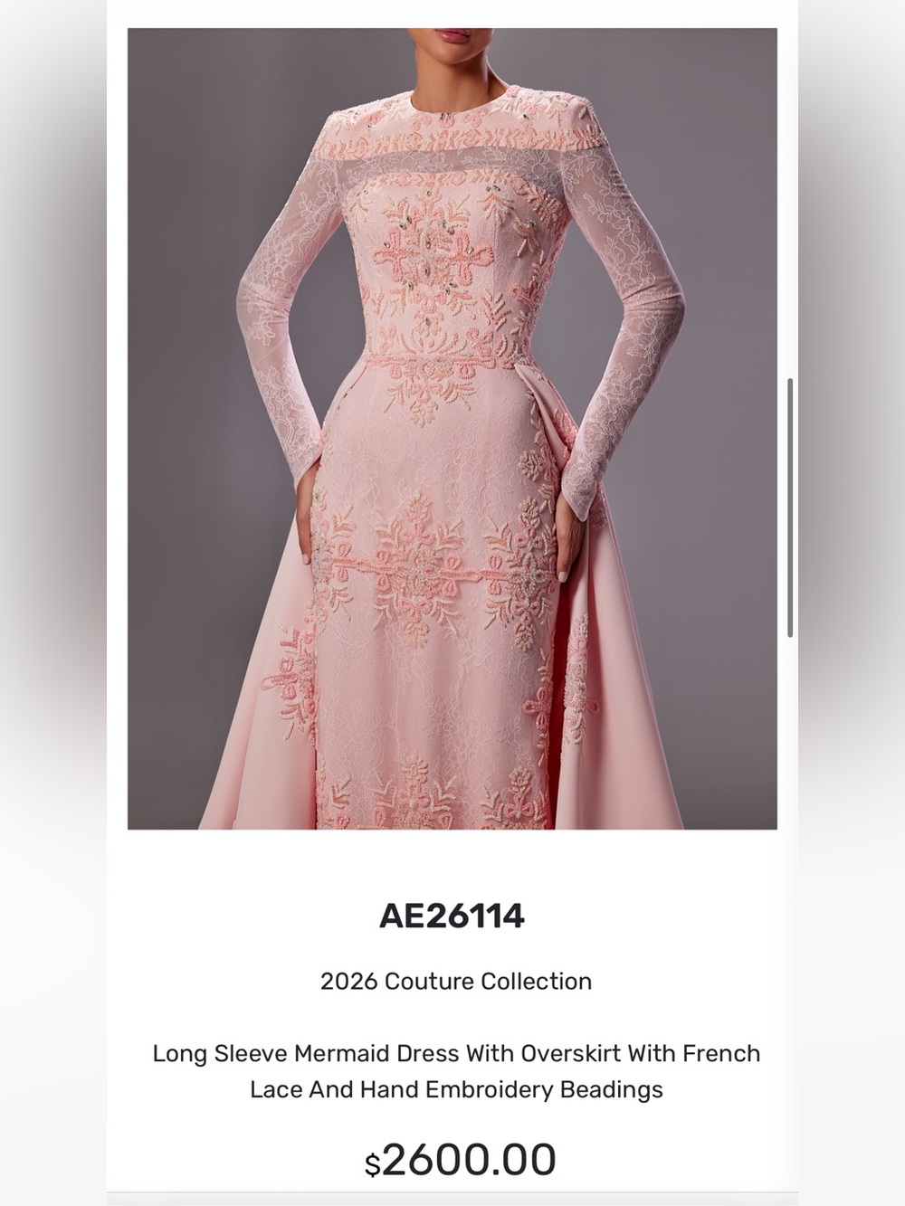 Essa Couture Pink Long Sleeve Mermaid Dress with Overskirt gown